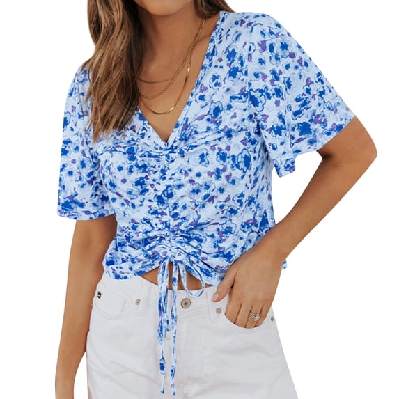 Xuanfei Women Floral Printed V Neck Drawstring Ruched Flare Sleeve Chiffon Blouse