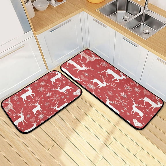 Kitchen Rugs and Mats【2 PCS】Non Skid Snowflake and Reindeer Pattern Creative Kitchen Mat