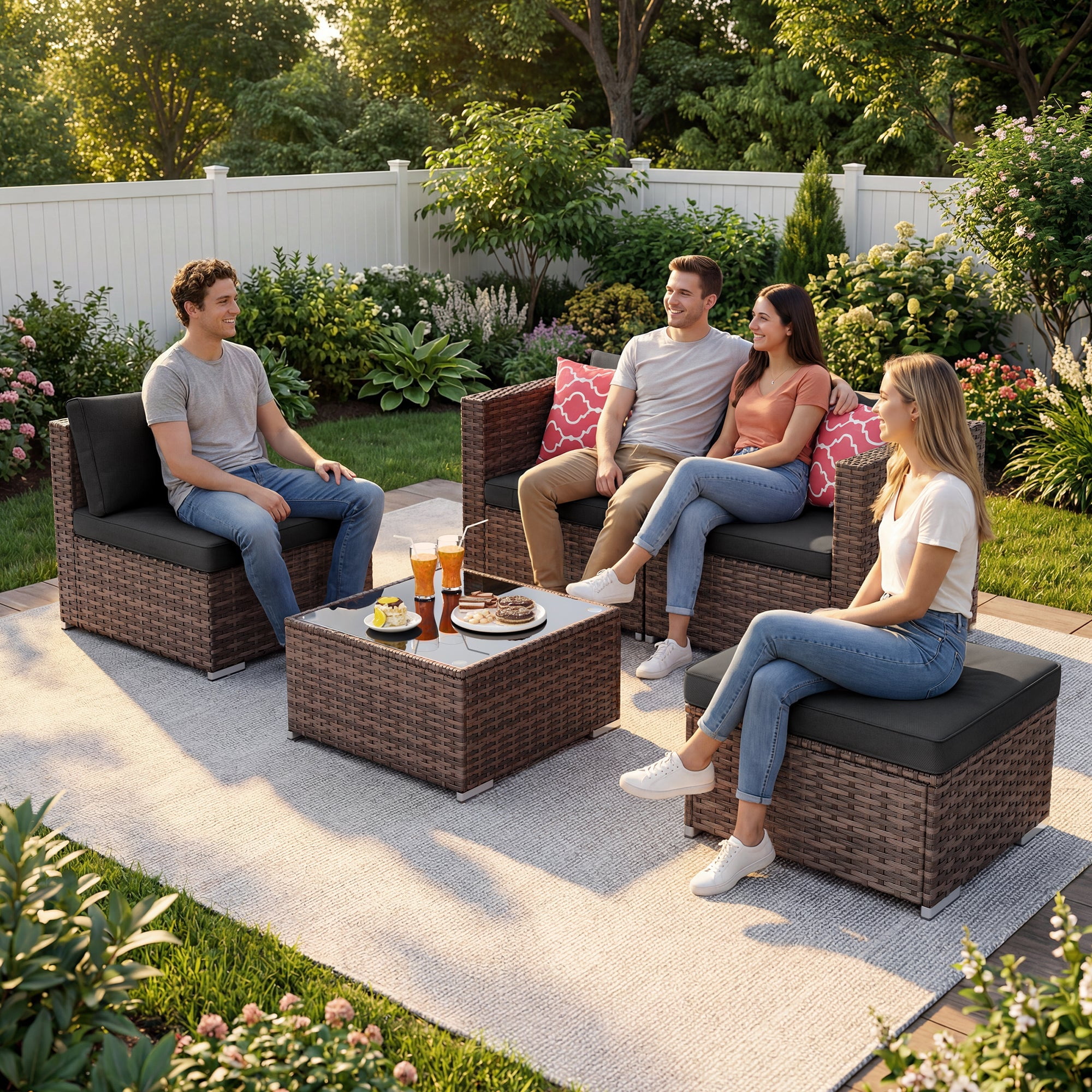 5 PCS Wicker Patio Furniture Set, PE Rattan Outdoor Sectional Sofa with Beige Cushions and Glass Coffee Table, for Backyard, Porch, Poolside & Garden - Brown Rattan, Black Cushion