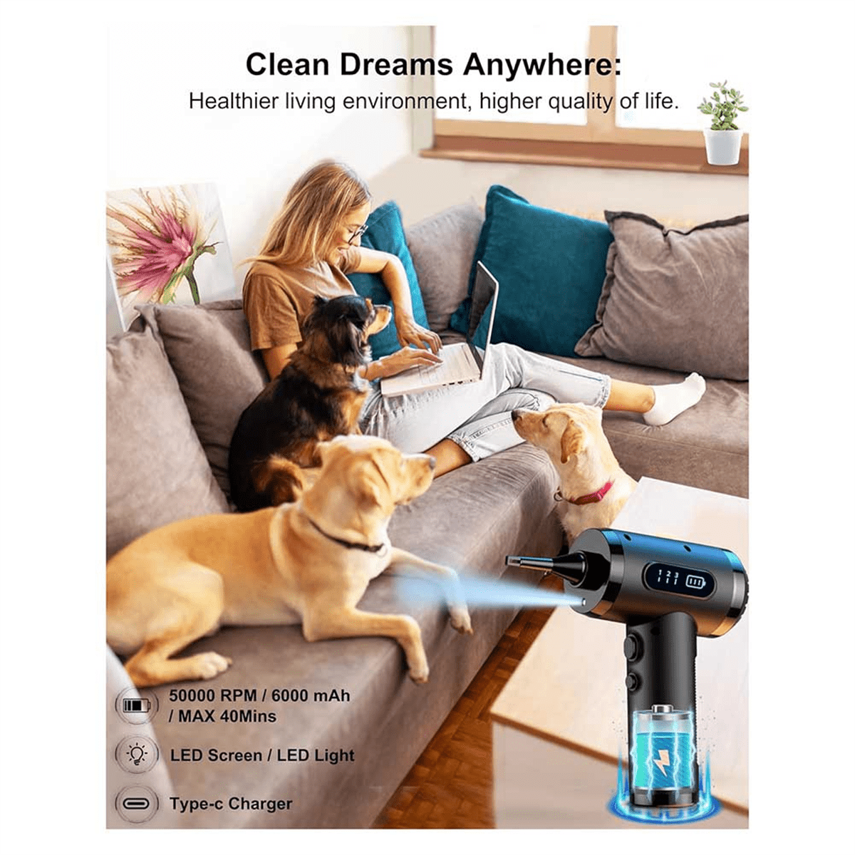 Compressed Air Blower with HD Display, Rechargeable and Portable Cleaning Kit For Computer, Laptop, Home and Office