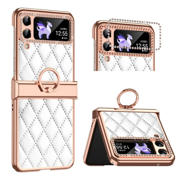Elehold Diamond Bling Glitter Luxury Leather Plating Case Compatible Samsung Z Flip 4 6.7 inch Leather and TPU provide your Phone Shockproof Ring Stand,White