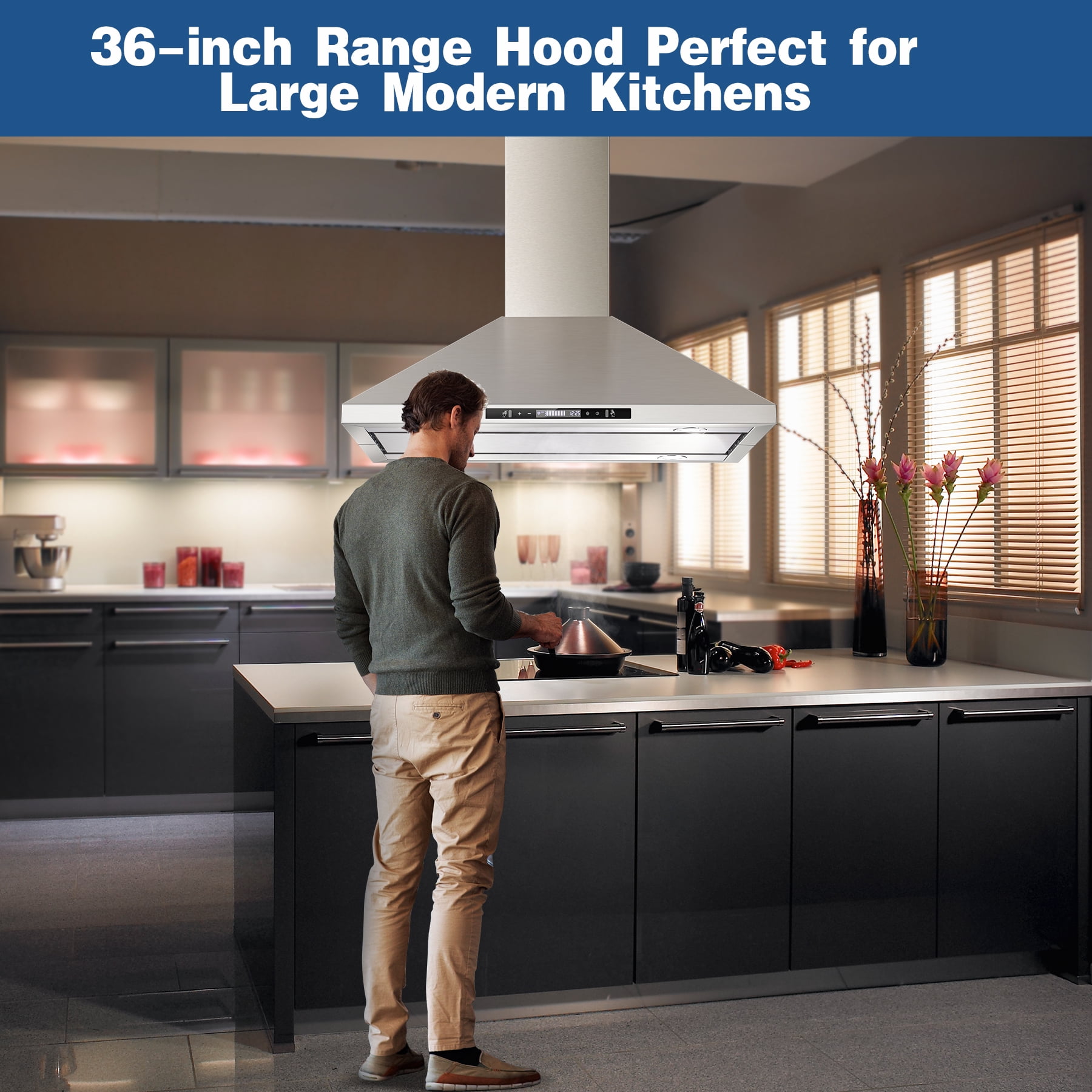 36" Island Range Hood 700CFM Stainless Steel w/Gesture Control & LED Lights