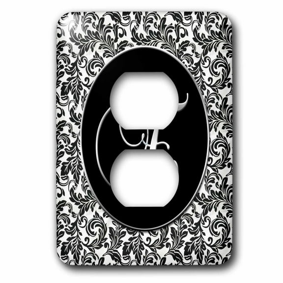 3dRose, Letter E - Black and White Damask, 2 plug outlet cover