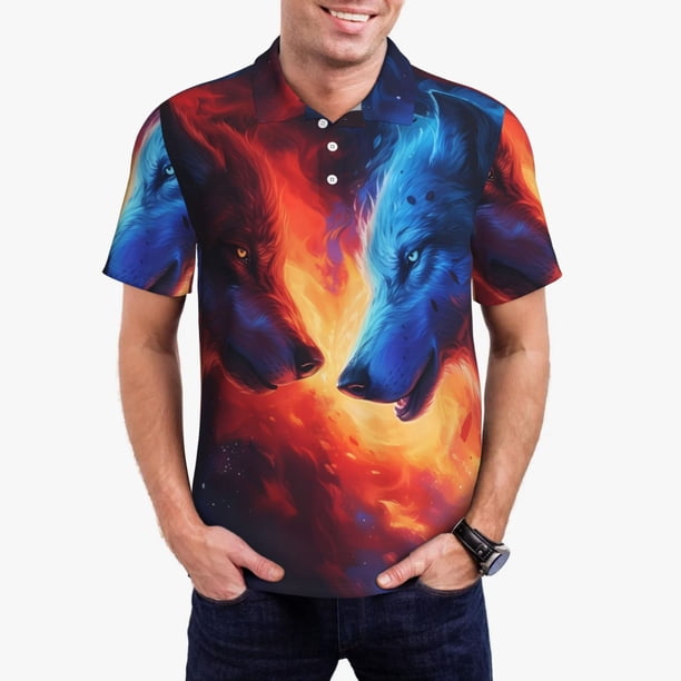 Balery Wolf Camisa Polo de Hombre con Estampado, de Manga Corta y Tejido Medio, Camisa Tipo Golf Polo-4X-Large