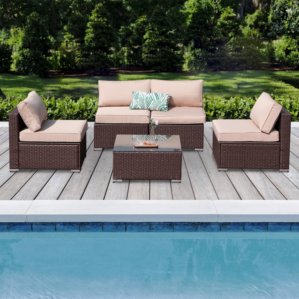 5 Piece Patio Wicker Furniture Set, Outdoor Sectional Armless Sofa, Additional Furniture Set 