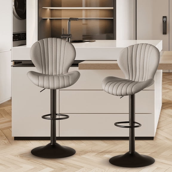 Bar Stools Set of 2, Light Grey Quilted Fabric Swivel Bar Chairs with Adjustable Height, 360 Degree Rotation and Stable Footrest for Kitchen Island
