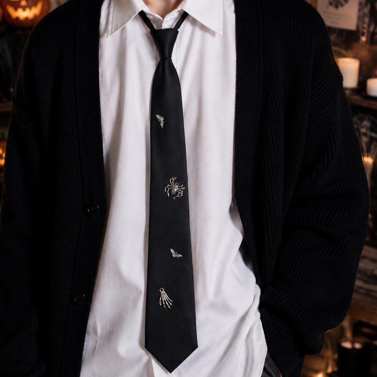 Polyester Halloween Pre-Tied Tie with Metal Bat Skeleton Charms ...