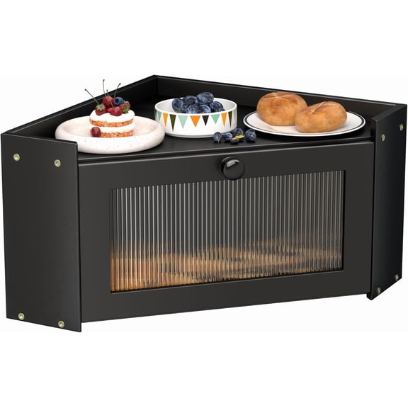 Corner Bread Box for Kitchen Countertop, Vintage Wooden Counter Organizer, Bamboo Bread Storage Bin for Homemade Bread, Small Farmhouse Corner Breadbox Container with Acrylic Window, Black