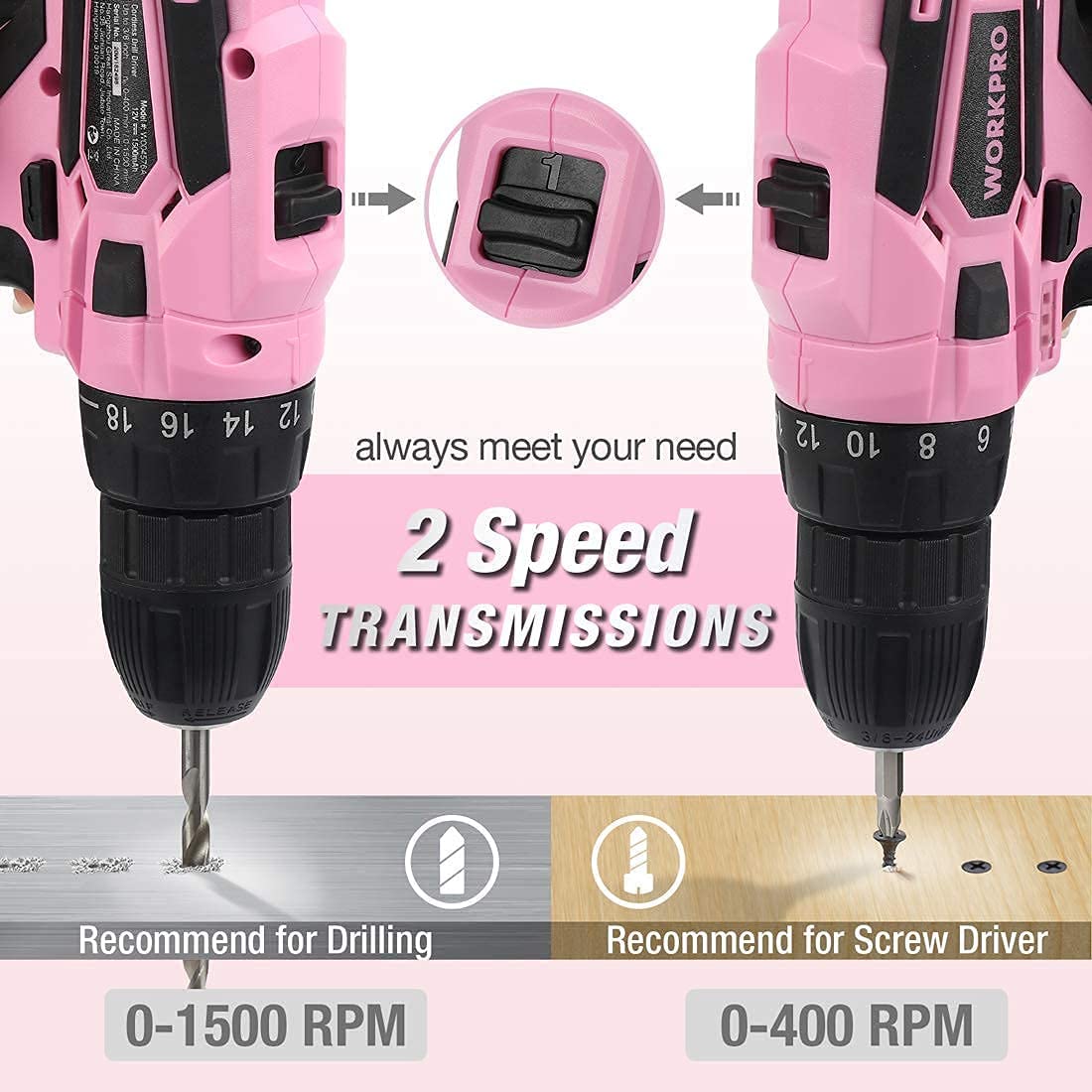 WORKPRO 12V Pink Cordless Drill Driver Set for Women photo 6