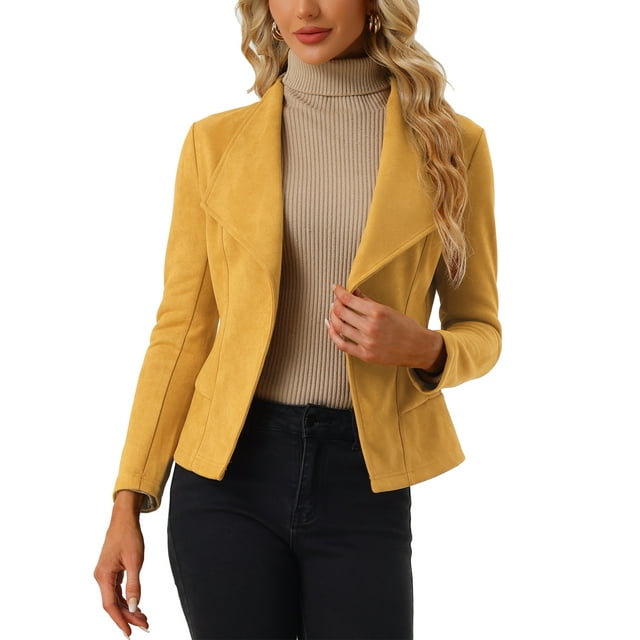 INSPIRE CHIC Cardigan Ouvert à Manches Longues en Faux Suède pour Femmes avec Col Drapé L Moutarde