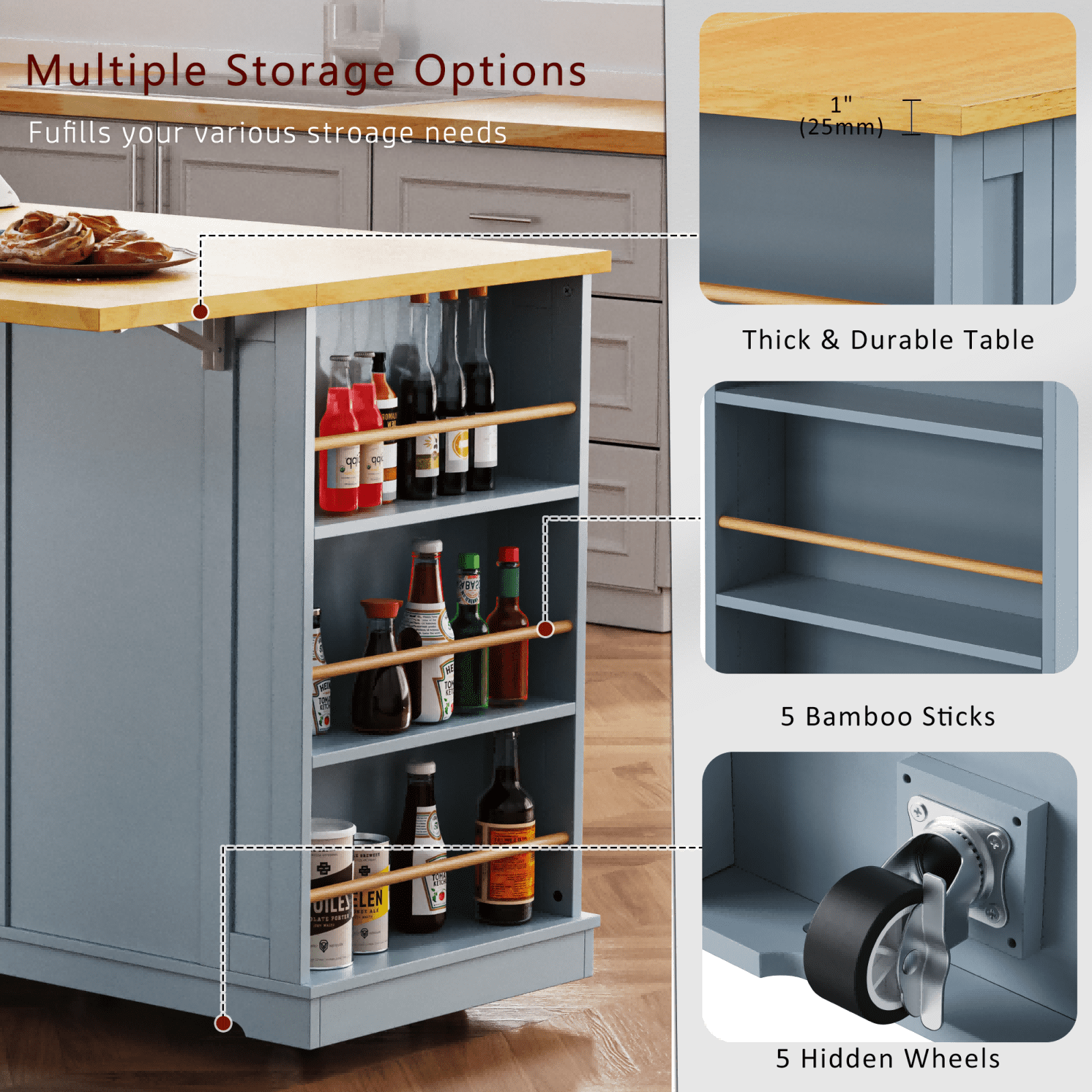 Kitchen Island with Storage, Moveable Kitchen Island with Power Outlet and Drop Leaf, Portable Kitchen Carts with Drawers and Shelves for Dinning Room