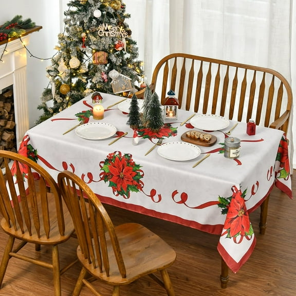 Christmas Tablecloth 60×84 Inch, Poinsettia Silk Ribbon Red Washable Table Cover for Party Picnic Dinner Decor