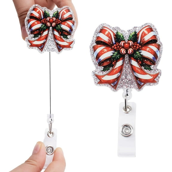 Christmas Badge Reels, 1 x Badge Reel Retractable Holder with Clip Cute Retractable Christmas Bow tie Baguette Name ID Badge Holder for Nurses Doctor Teacher Students