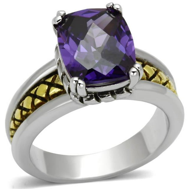 Women Reverse Two-Tone Brass Ring with AAA Grade CZ in Amethyst - Size 6