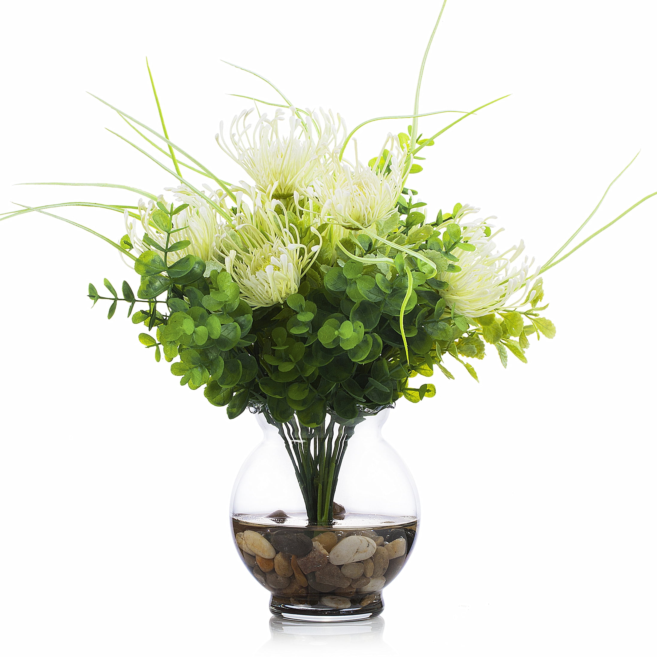 Cream White Silk Peony and Eucalyptus Arrangement in Clear Glass Vase