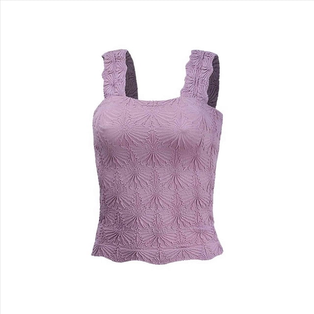 Tops Cortos de Tirantes Anchos con Cuello Cuadrado para Mujer, Tops Florales para Salir, Tops Cortos Ajustados con Ribete de Lechuga, Morados, Talla M