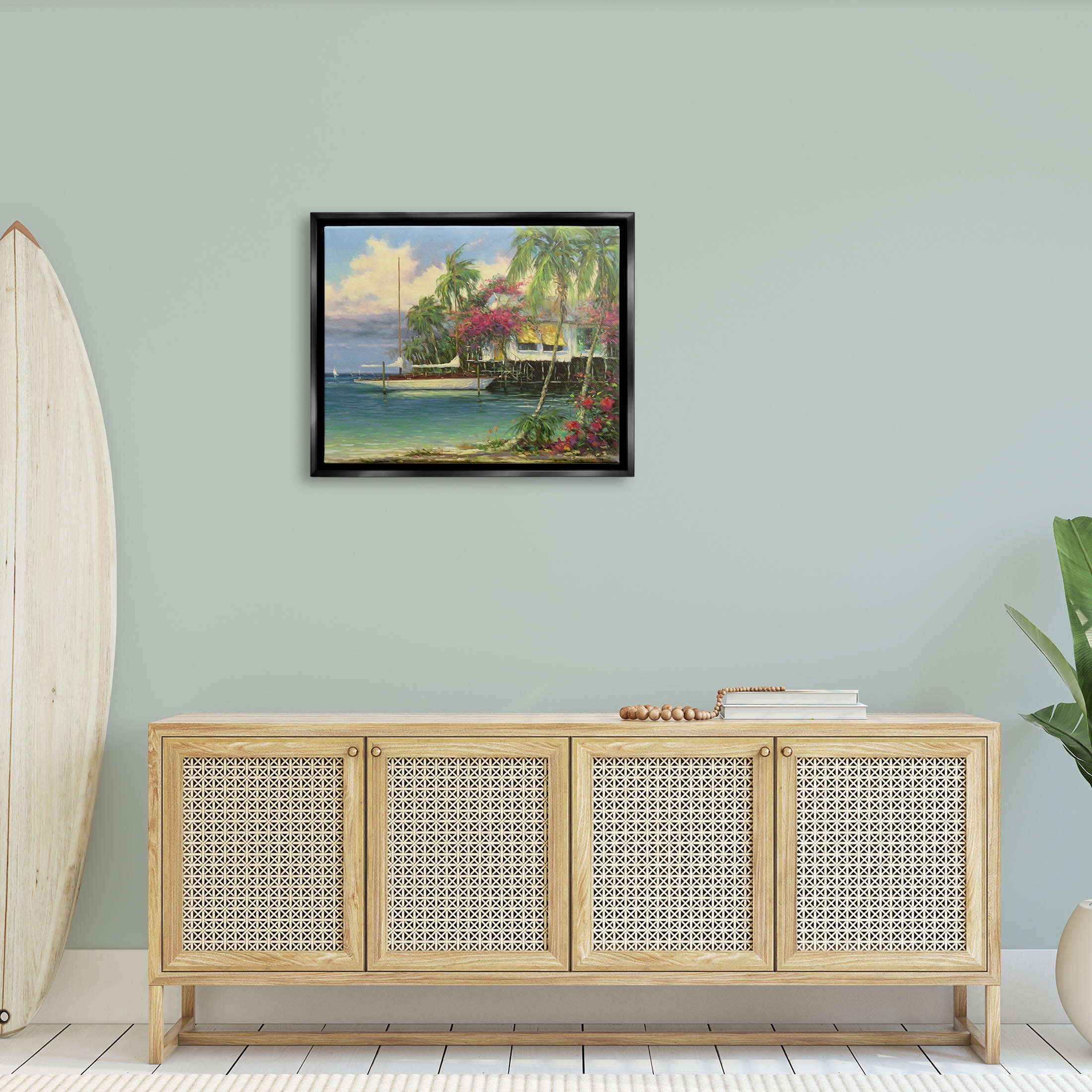 Vacation Waterfront Tropical Pier Coastal Painting Jet Black Framed Art Print Wall Art