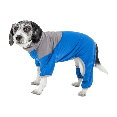 UPC: 0810787036990 | Pet Life Active Embarker Heathered Performance 4-Way Stretch Two-Toned Full Bodied Warm Up Track Suit – Blue  Extra Large