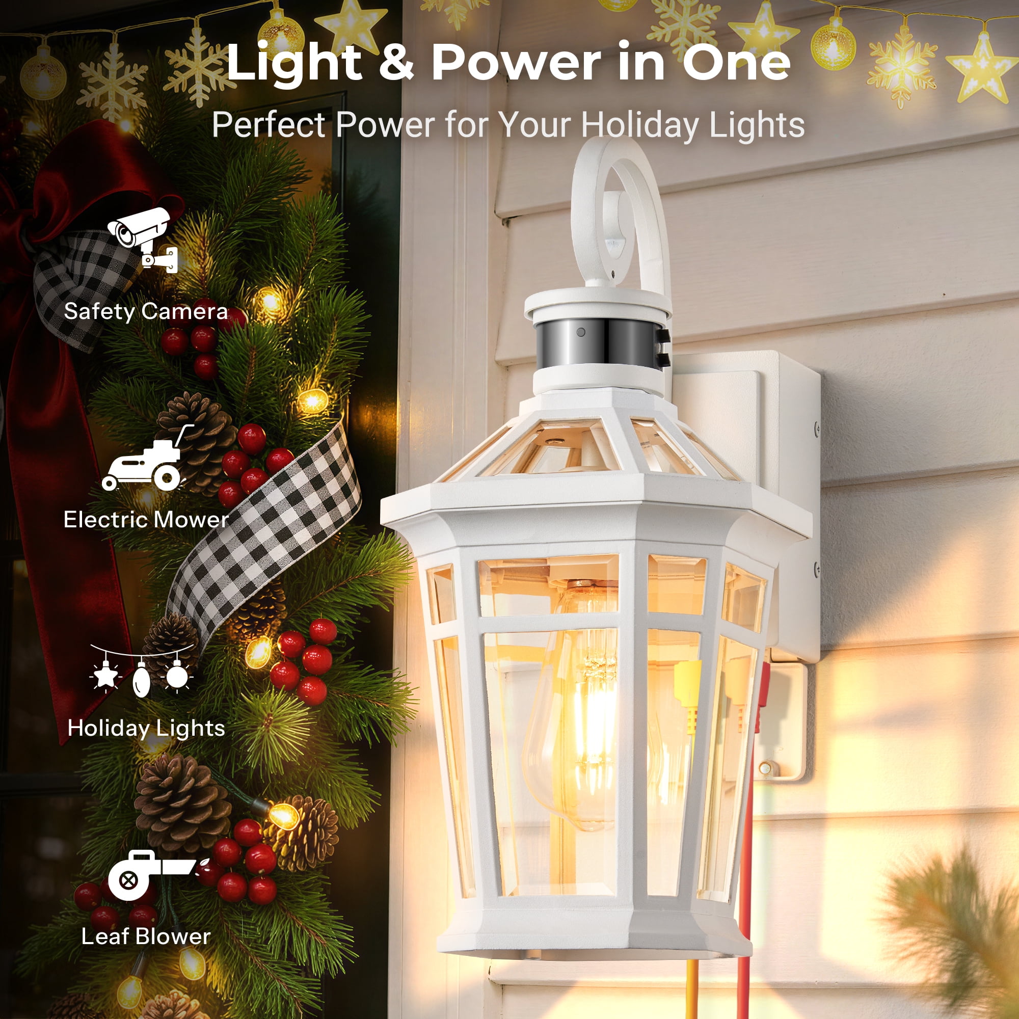 OPAIXS Motion Sensor Porch Light Outdoor with GFCI Outlet, White Exterior Lighting Fixtures with Outlet, Adjust Sensitivity Outdoor Wall Lantern with Beveled Glass, Waterproof, Anti-rustic