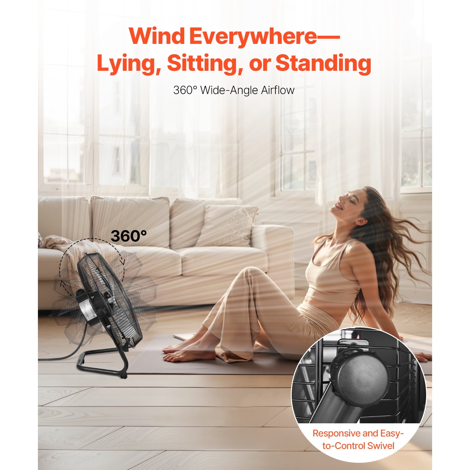 KFFKFF Ground Fan, Trio Velocity Intensity 14 Inch Industrial Grade Fan, 2400 CFM 360° Flexible Orientation 19.69 ft/sec Air Circulation Robust Metallic Fan, Suitable for Residence, Fitness Center
