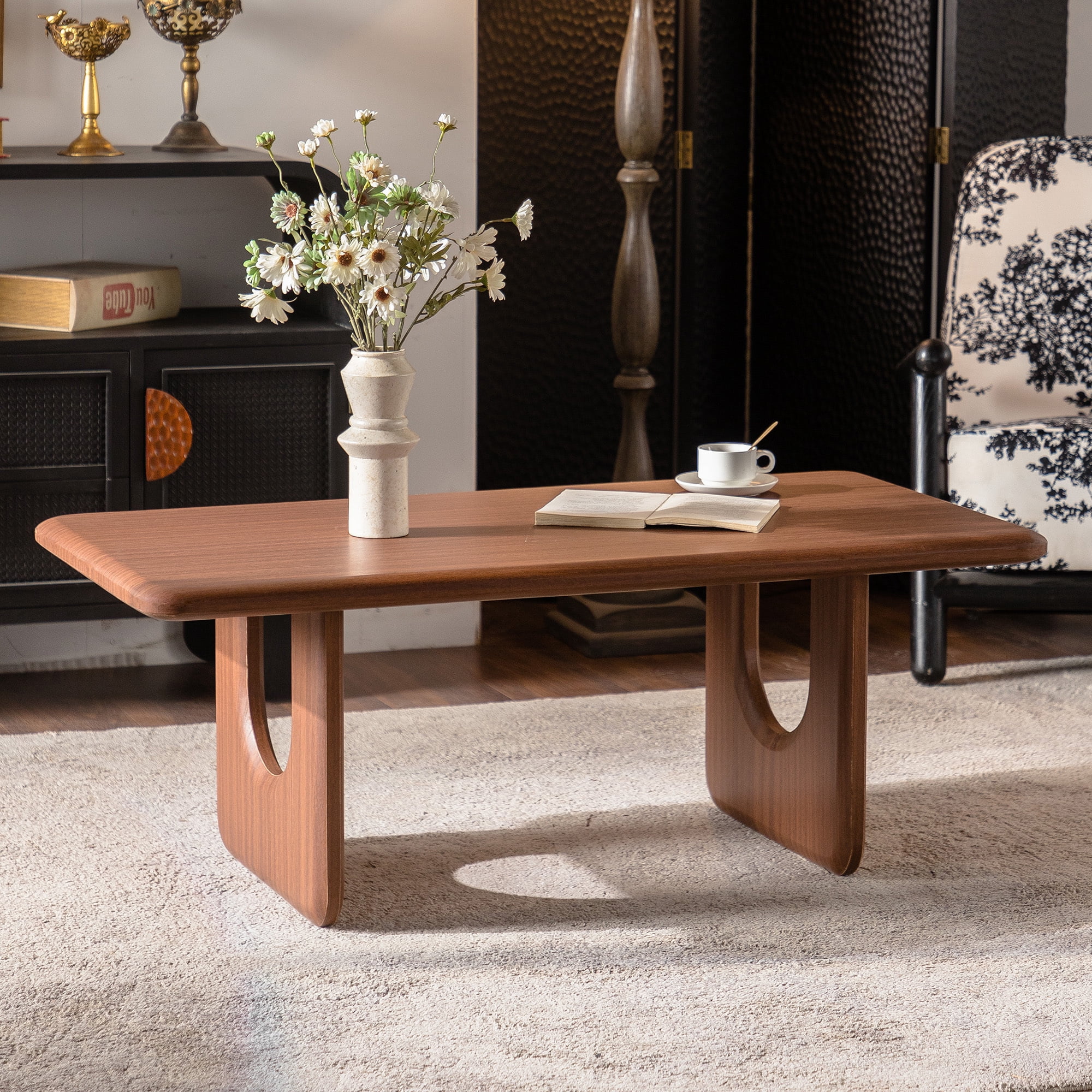Leumius Rectangular Wood Coffee Table, Modern Minimalist Coffee Table with U-Shaped Legs, Walnut Finish Low Center Table for Living Room, Mid-Century Cocktail Table for Home Office