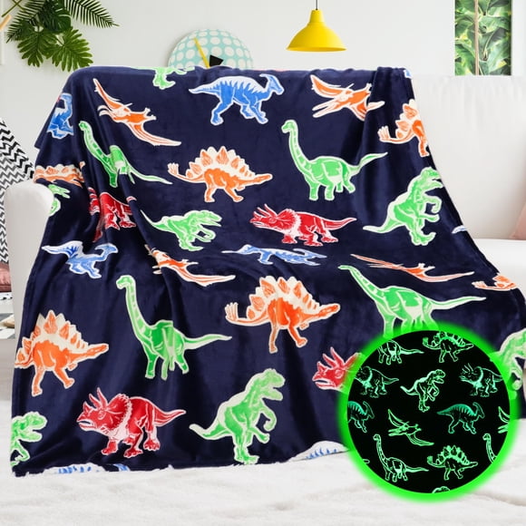 Manta Bororo con diseño de dinosaurio que brilla en la oscuridad para niños, 127 x 152 cm
