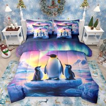 Homewish Kawaii Antarctic Penguin 7 Pieces Bedding Comforter Set,Cartoon Animal Full Bedding Set,Natural Landscape Aurora Fitted Sheet Flat Sheet For Kids,Breathable Home Decor Reversible