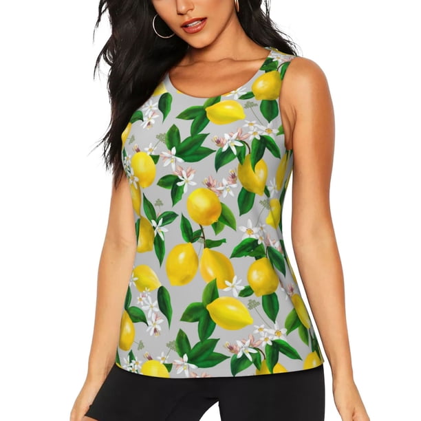 Fotbe Lemon Seamless Pattern Oil Painting Effect Blusas Sin Mangas para Mujer – Estilo Casual, Corte Suelto, Slim-Fit, Cuello Redondo Deportivo, Tops de Verano para Gimnasio y Yoga-Large