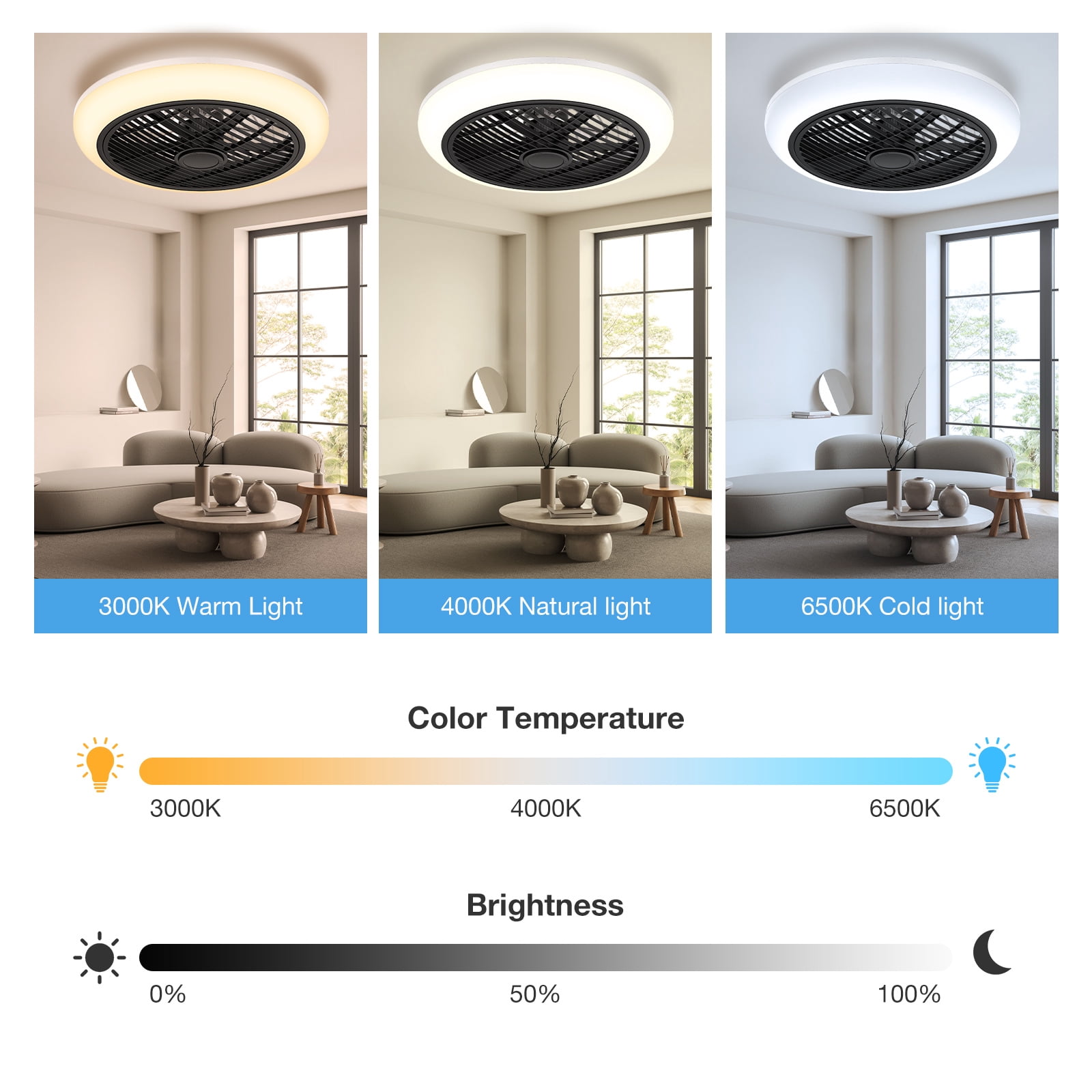 BLITZWILL 18in Ceiling Fan with Light, 6-Speed Reversible, Dimmable LED Timing with Remote & APP Control, Modern Bladeless Flush Mount Ceiling Fan, Black