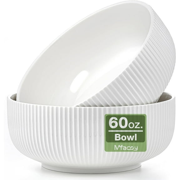 2 Pack 8 Inch 60 Oz Large White Ceramic Salad Serving Bowls, Deep Kitchen Bowl Set for Soup Cereal Ramen Pasta Salad, Dishwasher & Microwave Safe