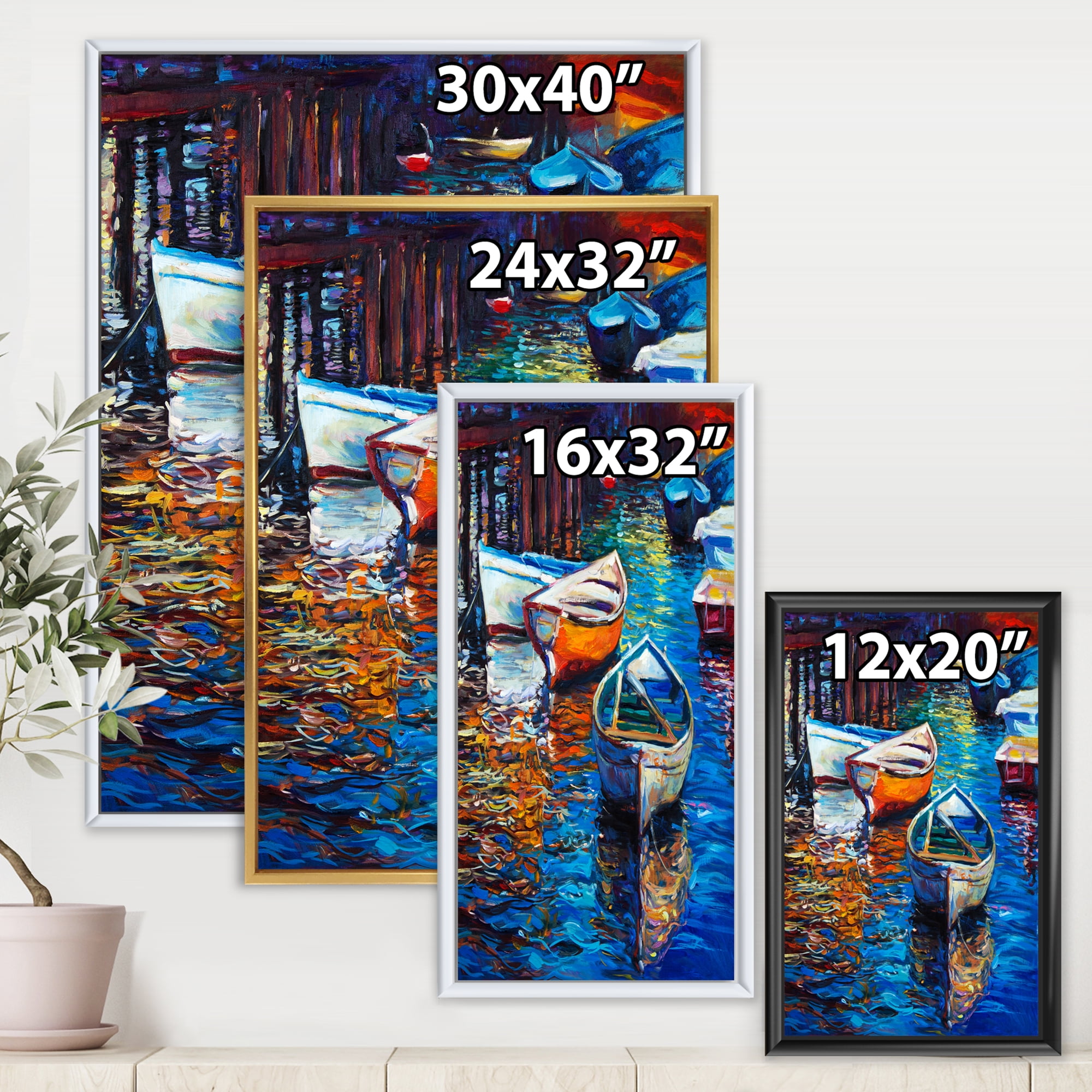 Designart 'Boats During Warm Sunset Resting On The Water X' Nautical & Coastal Framed Canvas Wall Art Print