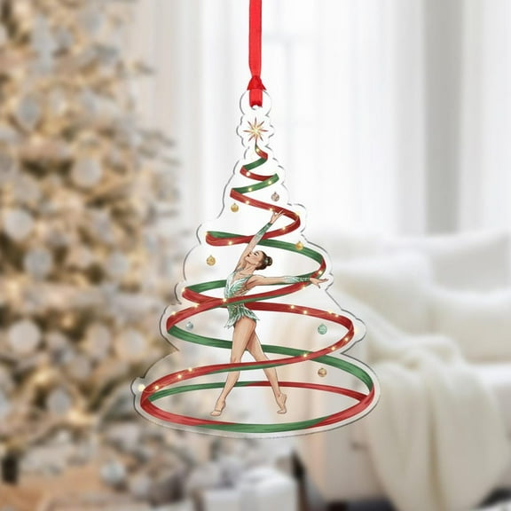 ViciArt Rhythmic Gymnast Christmas Tree Ornament, Acrylic or Wood, Red & Green Ribbon Design, Holiday Decor