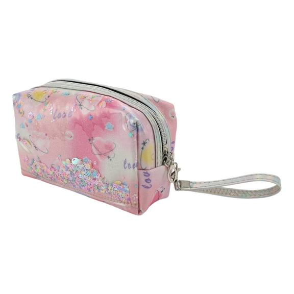 Unique Bargains 1 Pc Women Portable Heart Sequin Makeup Bag for Travel Vacation Wedding PU Pink