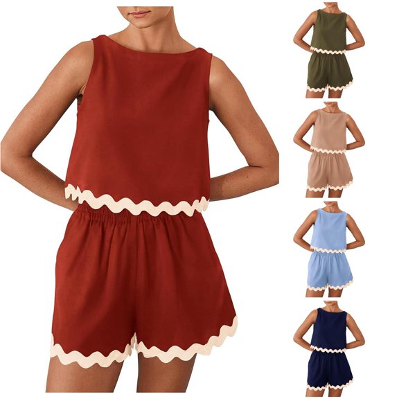 Tanghaowl Short Sets for Women, Women's 2 Piece Beach Outfits Casual Cropped Tank Top High Waist Shorts Set Tracksuit S