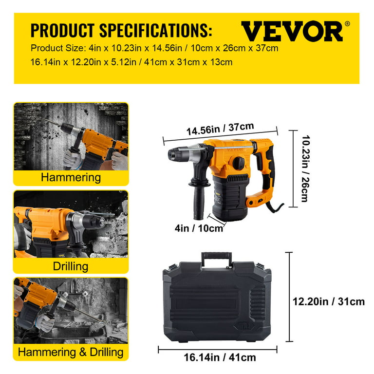 VEVOR 1-1/4inch SDS-Plus Rotary Hammer Drill, 13 Amp Corded Drills, Heavy  Duty Chipping Hammers w/Vibration Control & Safety Clutch, Electric  Demolition Hammers Variable Speed, Power Tool For Concrete 
