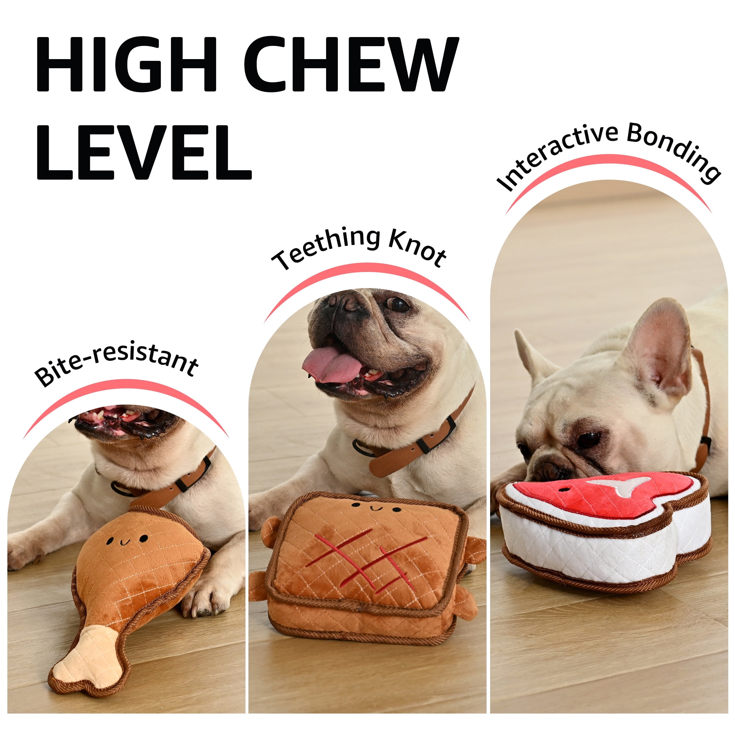 Max & Marlow Indestructible Plush Dog Chew Toy for Aggressive Chewers, Chicken, Beef, and Sandwich 3 Pack