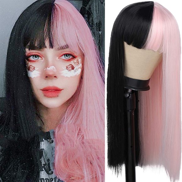 Kaneles-pelucas de pelo de fibra sintética Natural suave para mujer, color rosa y negro, con flequillo, disfraz de fiesta de Cosplay