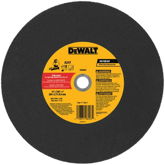 DeWalt DW8003 14 x 3/32 x 7/64 x 1 Stud Cutter Chop Saw Wheel, Light Metal