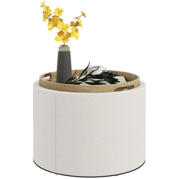 HOMCOM Round Storage Ottoman Coffee Table with Flip Top Tray, Cream White