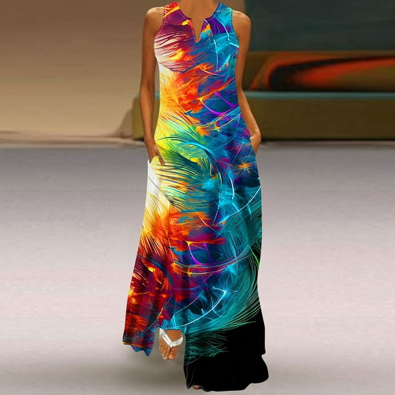 Wycnly Summer Dresses for Women Wedding Guest Dresses for Women Beach Loose Tank Long Dress with Pocket Girls Casual Tie-Dye Print V-Neck Sleeveless Maxi Sun Dresses