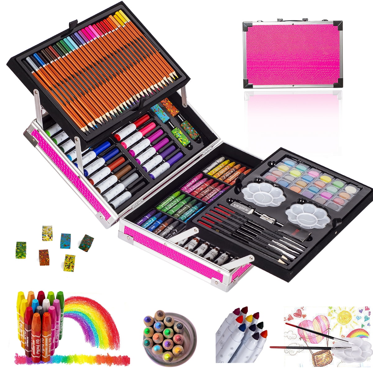 KINSPORY 139 pack Deluxe Portable Double Layers Coloring Drawing Kit with Sketch Pads, Art Set Gift for Artist Adults Beginners Kids (Pink)