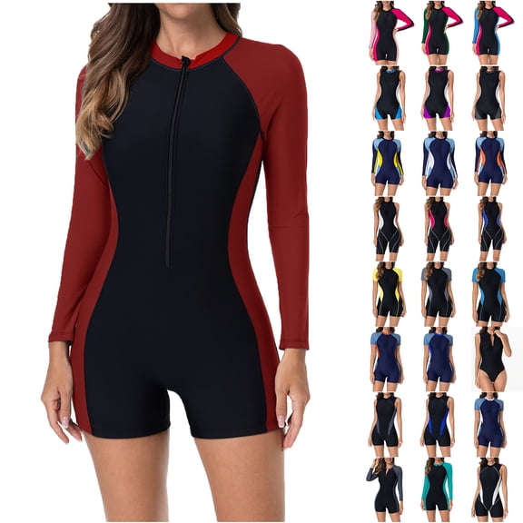 WNYEIME Women's Rashguard Swimsuit Trendy Colorblock Printed Front Zipper Long Sleeve/Short Sleeve/Sleeveless Bathing Suit Swim Shirt Boyleg Surfing Wetsuit D-Hot Pink M