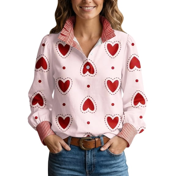 womens tops Ruffled Stand Up Collar Valentine's Day Love Shirt Versatile Breathable Blouse L womens long sleeve tops Women's Tank Tops