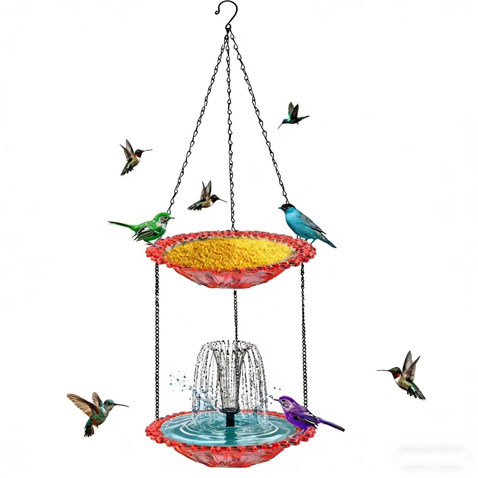 SCNOR 2-in-1 Hanging Solar Bird Feeder with Water Fountain, Dual Tier Outdoor Wild Bird Bath & Seed Tray, Eco-Friendly Solar Powered Circulating Waterer, Decorative Pink