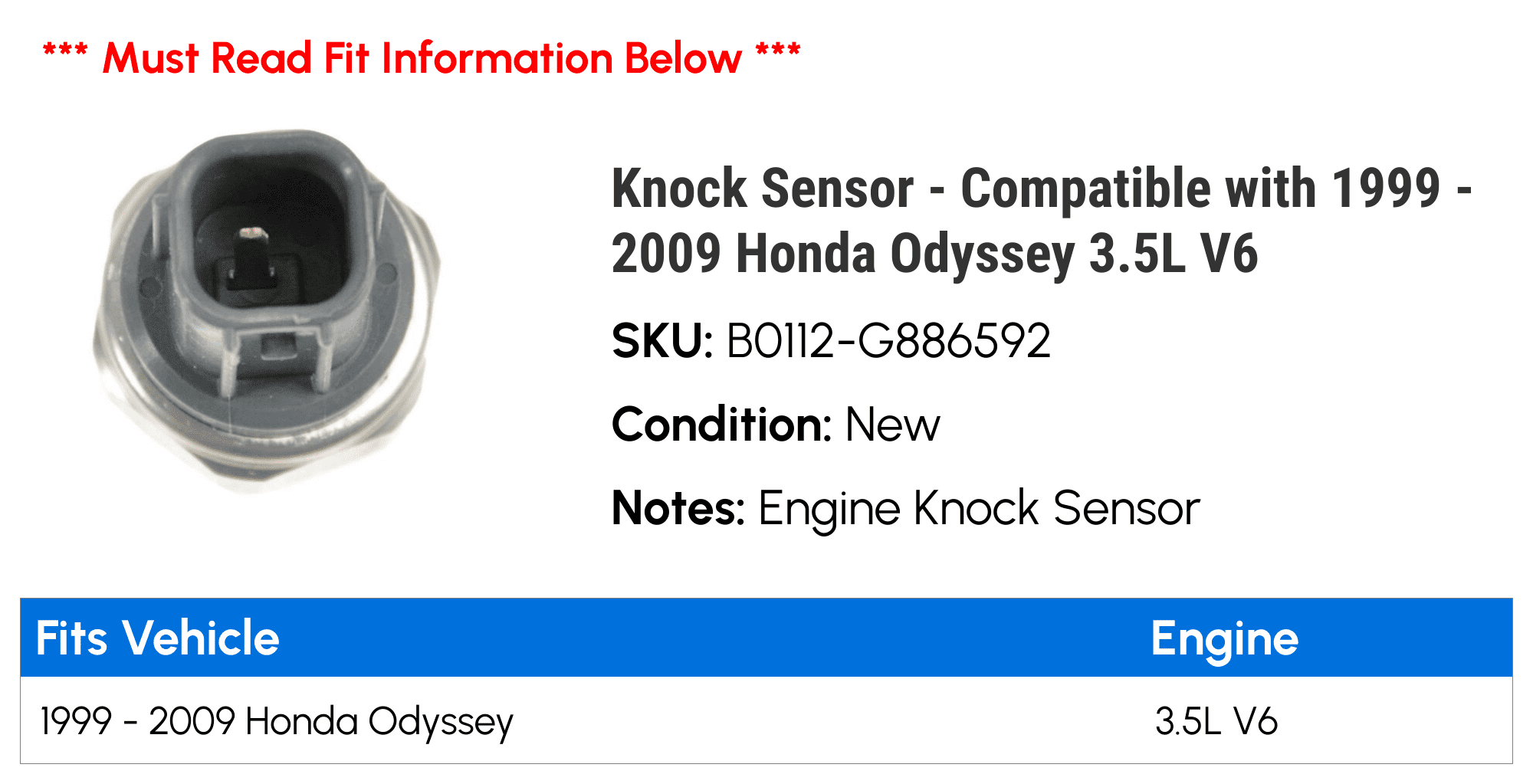 Knock Sensor - Compatible with 1999 - 2009 Honda Odyssey 3.5L V6 2000 2001 2002 2003 2004 2005 2006 2007 2008