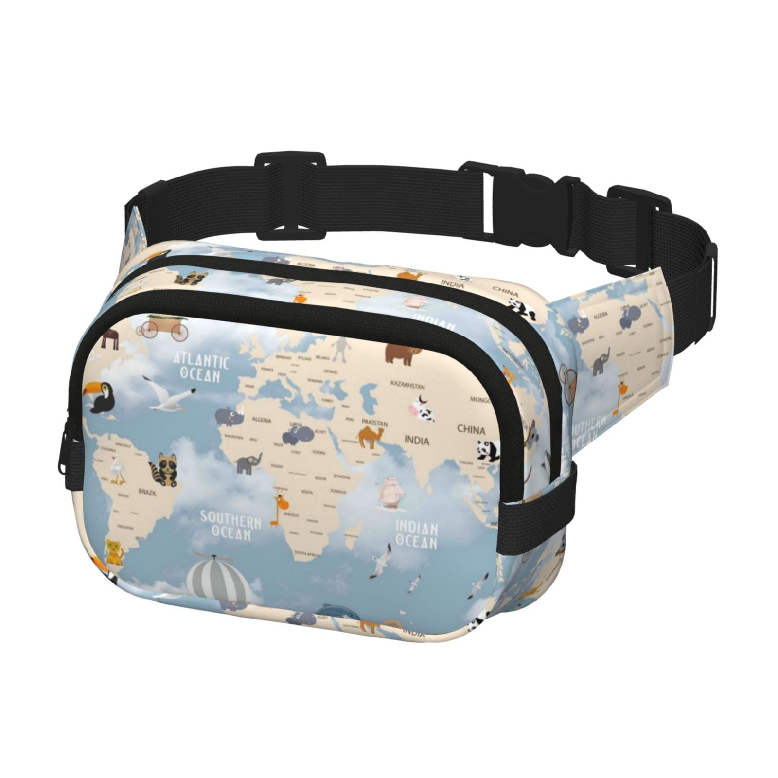 Picia Animals Travel World Map Print Square Double-Layer Waist Bag Mini Adjustable Waist Belt Bag Exercise Running Travel Hiking