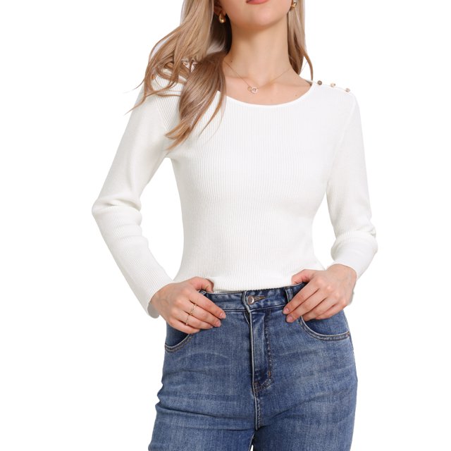 Suéter de punto acanalado INSPIRE CHIC para mujeres, otoño 2025, de manga larga, cuello redondo, ajustado, camiseta pulóver XL blanca
