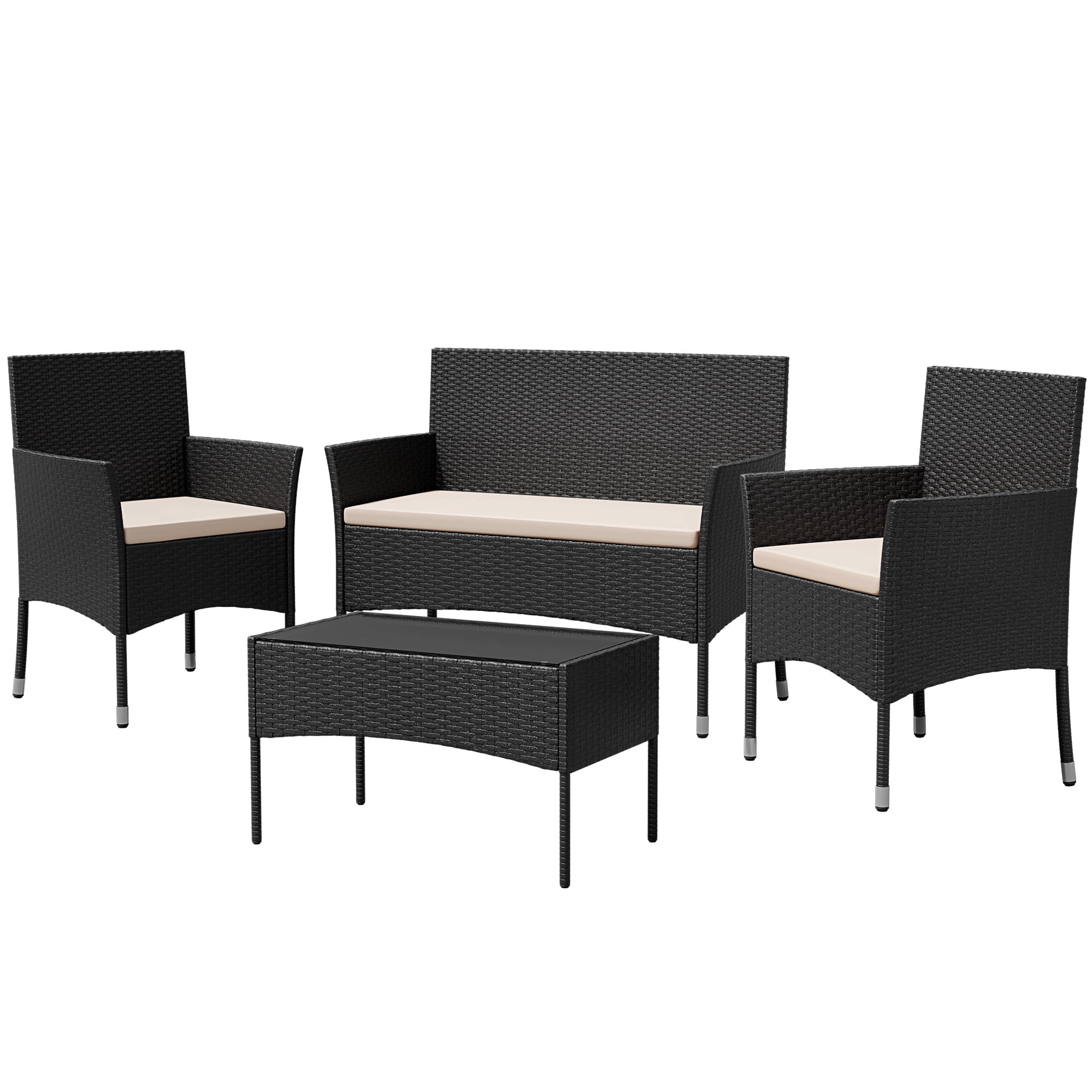 Homall 4 Pieces Patio Conversation Set Outdoor Furniture Rattan Chairs Wicker Seating with Cushion and Table Weather-resistant for Porch Garden Backyard, Black /Beige