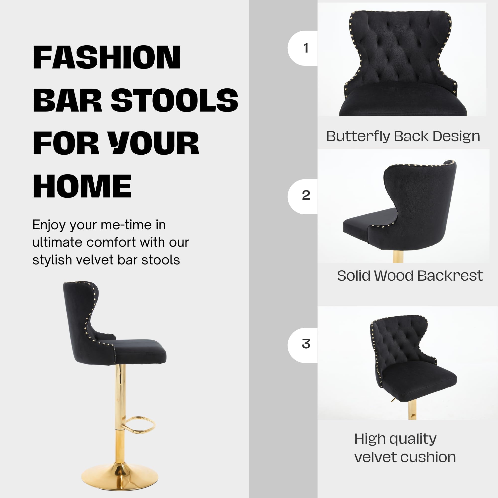 Set of 2 Adjustable Swivel Bar Stools, Velvet Upholstered Counter Height Chairs with Nailhead Trim, Golden Footrest, Golden Legs, and High Back for Kitchen Island, Home Bar, Dining Room, Cafe, Black