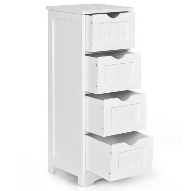 Gymax Bathroom Floor Cabinet Wooden, Wooden White Bathroom Floor Cabinet With Side Storage Cupboard And 4 Drawers